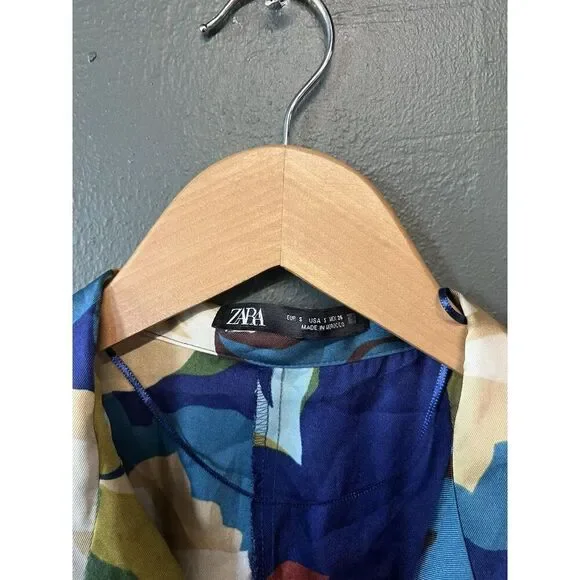 ZARA Women Blue Multicolored Floral Print Short Sleeve Belted Jumpsuit S Small - Picture 3 of 3